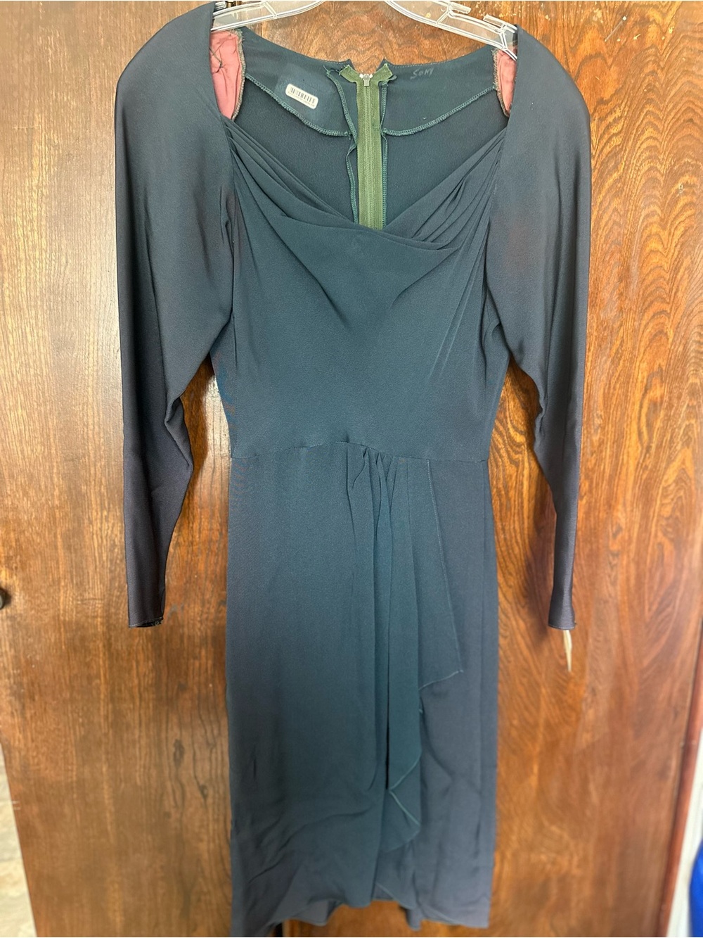 Dark green long sleeve women's XS draped midi dress